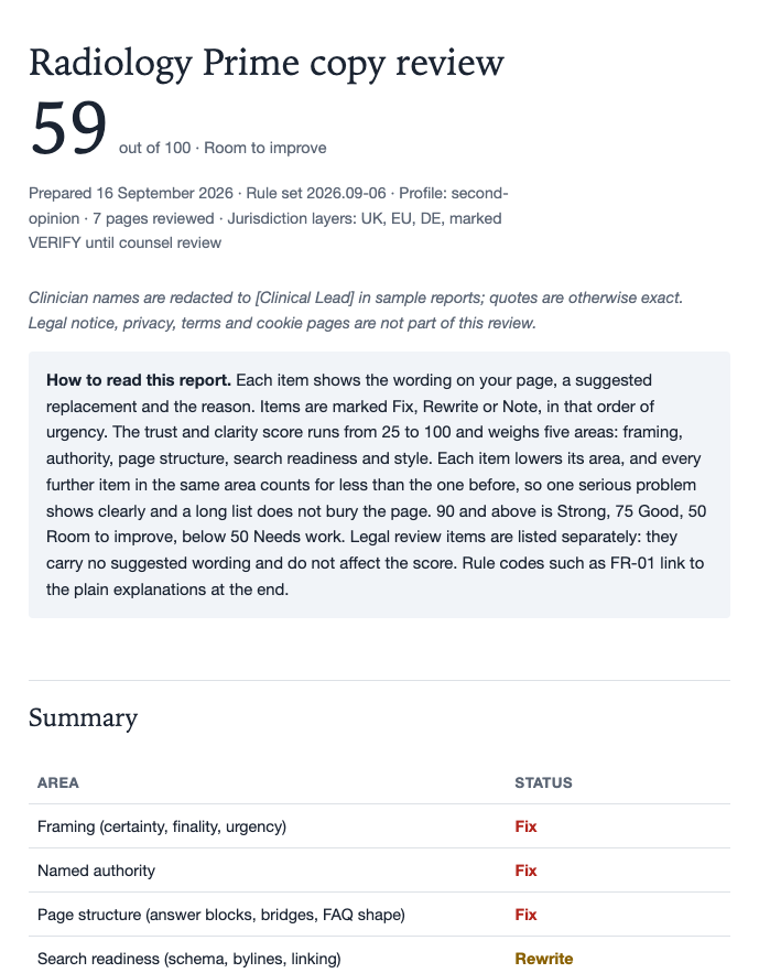Page one of the Radiology Prime site review.